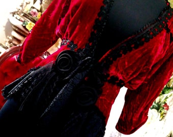 Romantic Pure SILK Velvet Blood Red Jacket Cardi Bohemian Gypsy Boho Gothic Hand Made Roses Tulle Laces Vintage Textiles Size Sml -Large
