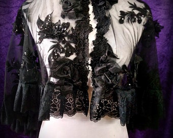 Victorian Gothic Gypsy Fairy Bohemian Black Heavily Beaded  3D Flowers Cape Capelet Cloak School Formal Prom Bridal Wedding  Fit all sizes