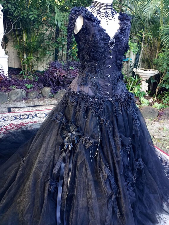 gypsy wedding black dress Bohemian Black Lace Wedding Dress with Fringe Sleeves main image 0