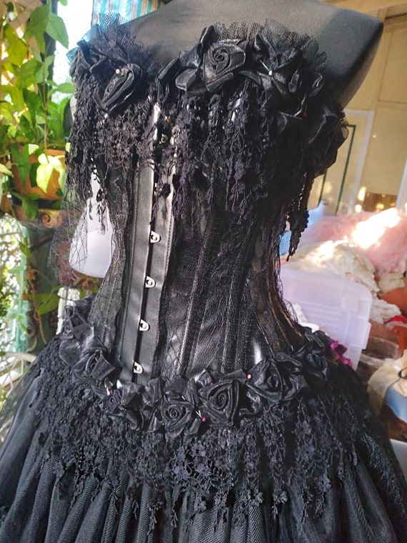 Black Wisteria Vegan Leather Tulle & Spider Web Fabric Hand Made Organza Roses Beautiful Gothic Gown Dress Corset Skirt. Bridal Wedding