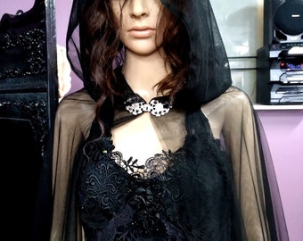 Soft Floaty Chiffon Gothic Cloak Cape with Train Diamonte Clasp Wedding Bridal