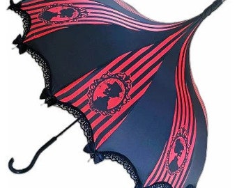 Red & Black Skeleton Cameo Parasol Umbrella for Rain Or Shine gothic steampunk gypsy boho bohemian witchy