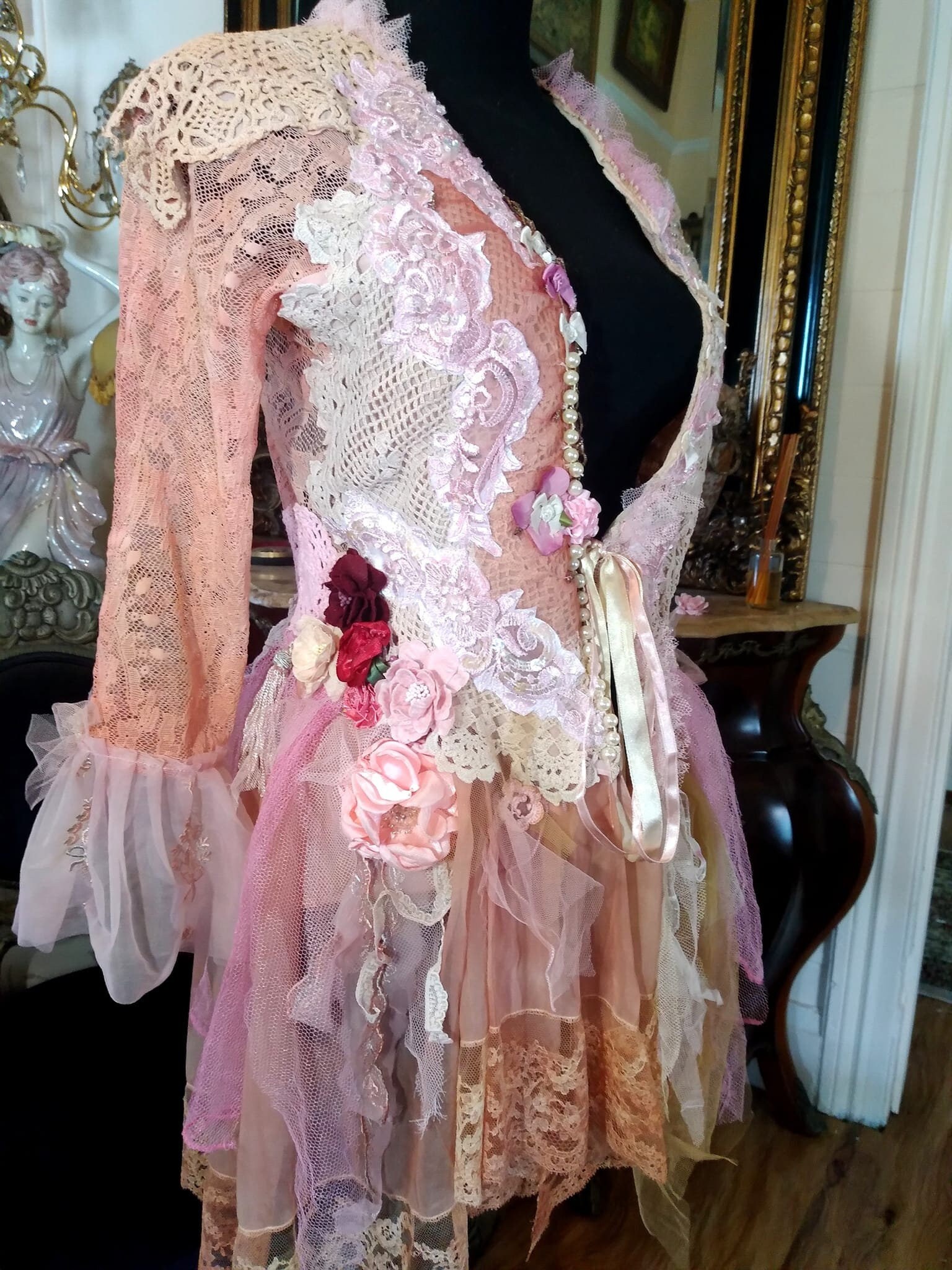 Victorian,Bohemian,Gypsy Long Jacket Cardigan Top Fairy boho Vintage & Antique Textiles OOAK small to Medium