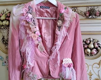 PURE Silk Rose Pink Jacket Hand Made Roses netting Tulle Quipure Lace Vintage Brooches Size Small