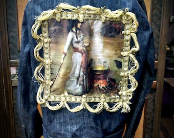 Upcycled Denim Vintage Brand Name Jacket, Jacket, Denim Jacket , decadencedivine, Bohemian Boho Gypsy gothic Size XL