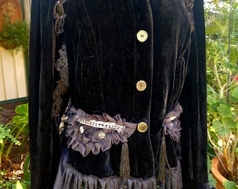 Jet Black SILK Velvet Shabby Chic Jacket Coat with Antique 3D Embroidered Elephant Back Panel. Gothic,goth,gypsy Small - Large