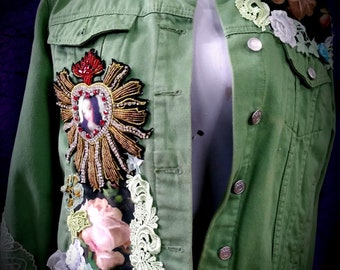 Stunning Green Denim Jacket Vintage and Antique trims Gothic Boho Bohemian Gypsy Hippy Hippie Size L- 2XL