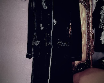 PURE SILK Vintage Jet Black Velvet coat with  Upcycled  venetian and swiss laces . gothic,goth,gypsy Size Small - Medium