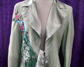 Stunning Embroidered Peacocks & Roses Pale Mont Green Jacket Vintage and Antique trims Gothic Boho Bohemian Gypsy Hippy Hippie Size M-L