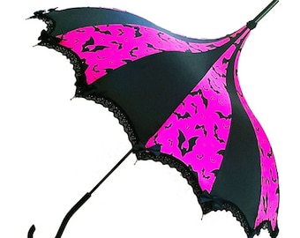 Pink & Black Bat Parasol Umbrella for Rain Or Shine gothic steampunk gypsy boho bohemian witchy