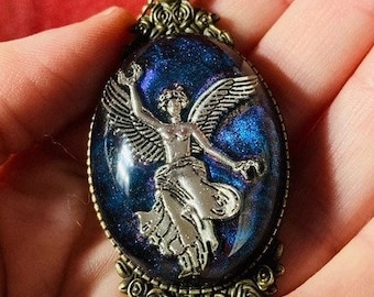Hand Made Pendant in Pre-Raphaelite Style Angel with Antique Style Brass Chain gothic gypsy boho bohemian witchy