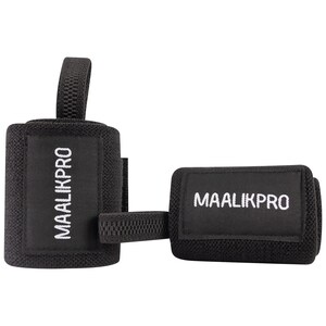 May include: Two black wrist wraps with the text "MAALIKPRO" in white. One wrap has a loop for the thumb, and the other has a hook-and-loop closure. The wraps are designed for weightlifting and support.