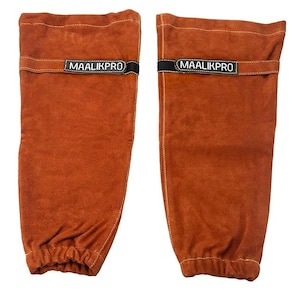 May include: A pair of brown leather welding sleeves. Each sleeve has a black band with the text "MAALIKPRO" printed in white. The sleeves are made of a thick, durable leather and are designed to protect the arms from sparks and heat.