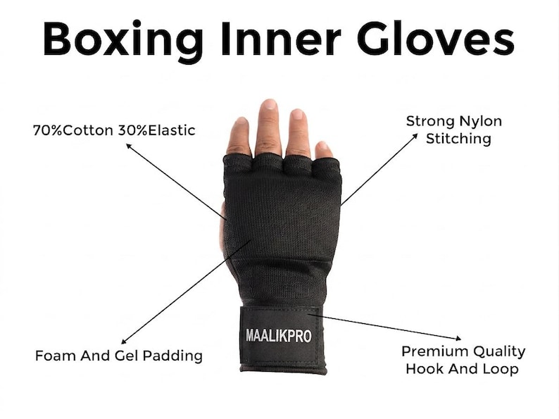 Puede incluir: Guantes interiores de boxeo negros sin dedos con una correa de mu&ntilde;eca etiquetada MAALIKPRO. Incluyen 70% algod&oacute;n y 30% el&aacute;stico, costuras de nailon, acolchado de espuma y gel, y un sistema de cierre de gancho y bucle.