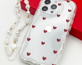 Rote Herz gewellt geschwungen klare Handyhülle mit Perlen Anhänger Charm Lanyard für iPhone 17 16 15 14 13 12 11 Pro Max plus 7 XR X Max Stoßfeste Hülle