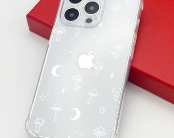 Funda transparente a prueba de golpes con diseño de hongo celestial blanco para iPhone 17, 16, 15, 14, 13, 12, 11 Pro Max Plus, 7, 8, XR y X.