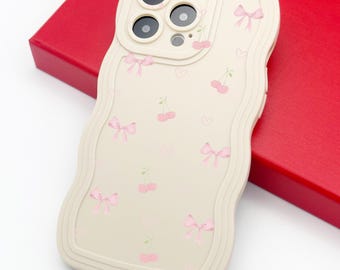 Pink Bow Heart Cherry Pattern Wavy Beige Phone Case for iPhone 16 15 14 13 12 11 Pro Max plus 7 8 XR X XS Shockproof Protective Phone Case