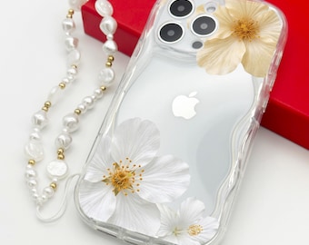 Große Blumen Muster gewellt klare Handyhülle mit Perlen Anhänger Charm Lanyard für iPhone 17 16 15 14 13 12 11 Pro Max plus 7 Max stoßfest