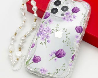 Lila Wild Flower klare Handyhülle mit Perlen Anhänger für iPhone 17 16 15 14 13 12 11 Pro Max Plus Max XR Stoßfest