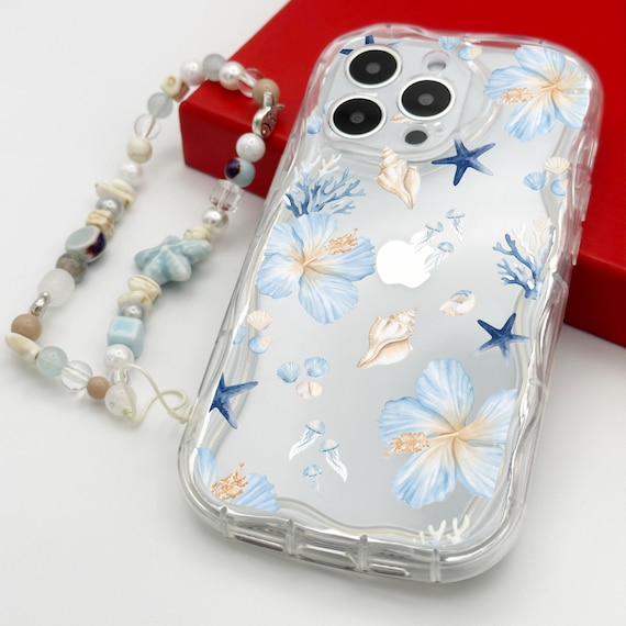 Blue Shell Flower Curved Wavy Phone Case with Beach Shell Charm Lanyard for iPhone 17 16 15 14 13 12 11 Pro Max Plus 8 Max Shockproof Case