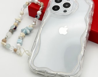 Durchsichtige gewölbte gewellte Handyhülle mit Strandmuschelanhänger, Lanyard für iPhone 17 16 15 14 13 12 11 Pro Max plus 7 8 XR Max Stoßfeste Hülle