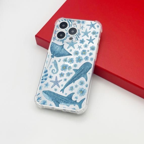Blue floral Beach Theme Starfish Whale Clear Phone Case for iPhone 17 16 15 14 13 12 11 Pro Max plus 7 8 XR X XS Max Shockproof Phone Case