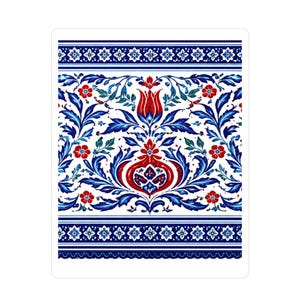 May include: A rectangular sticker with a detailed floral design. The pattern features a central red tulip-like flower, surrounded by blue leaves and red blossoms on a white background. Blue and white borders frame the design.