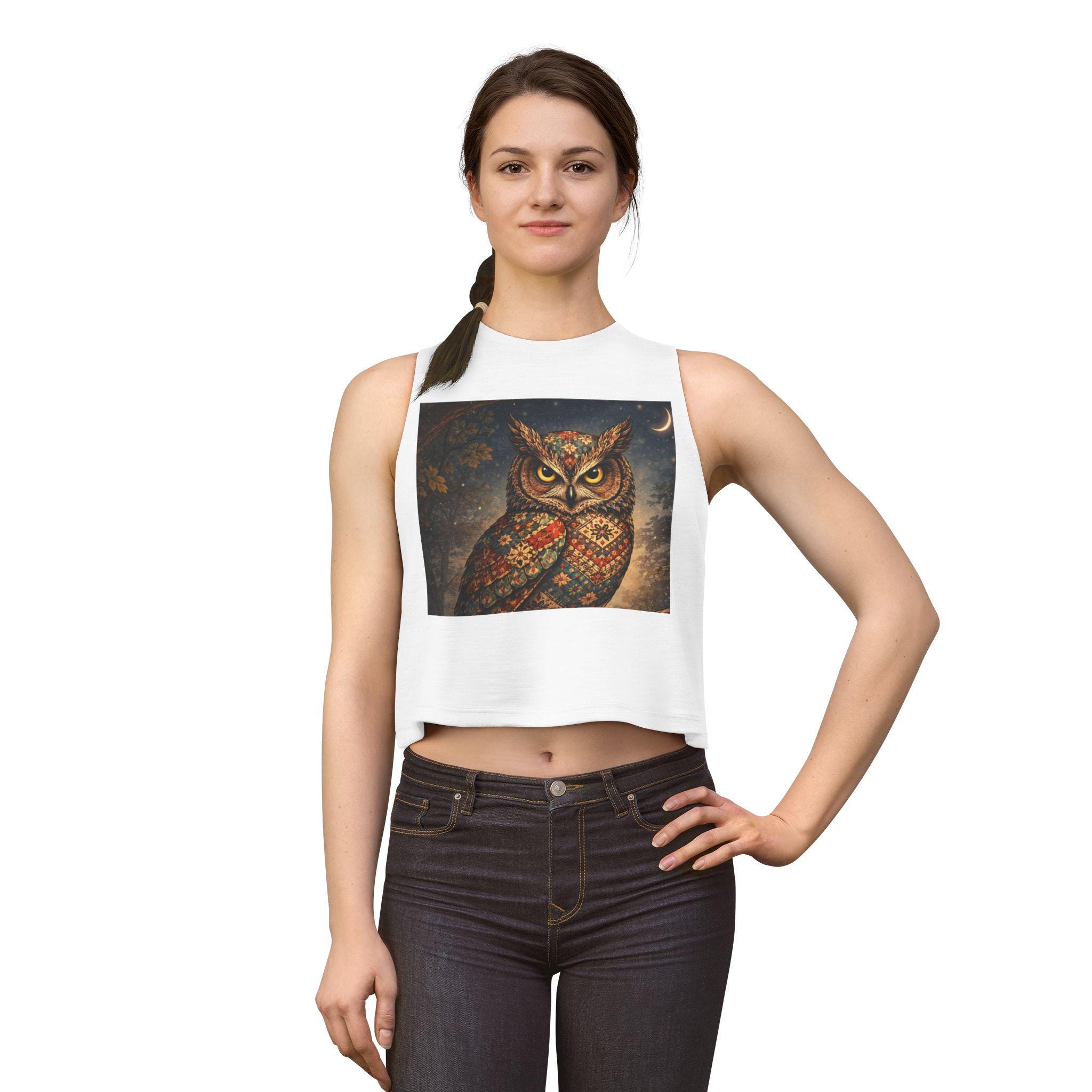 Decorative Patterned Owl crop top | Boho Night Owl, Crescent Moon