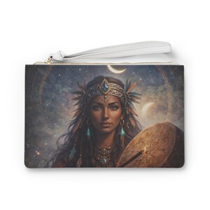 Mystic Moon Shamaness Clutch Bag | Celestial Native-Inspired Portrait, Drum