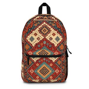 May include: A backpack with a vibrant, geometric pattern in shades of red, orange, teal, and cream. The backpack features a black zipper, a top handle, and a mesh side pocket. The design resembles a traditional rug.