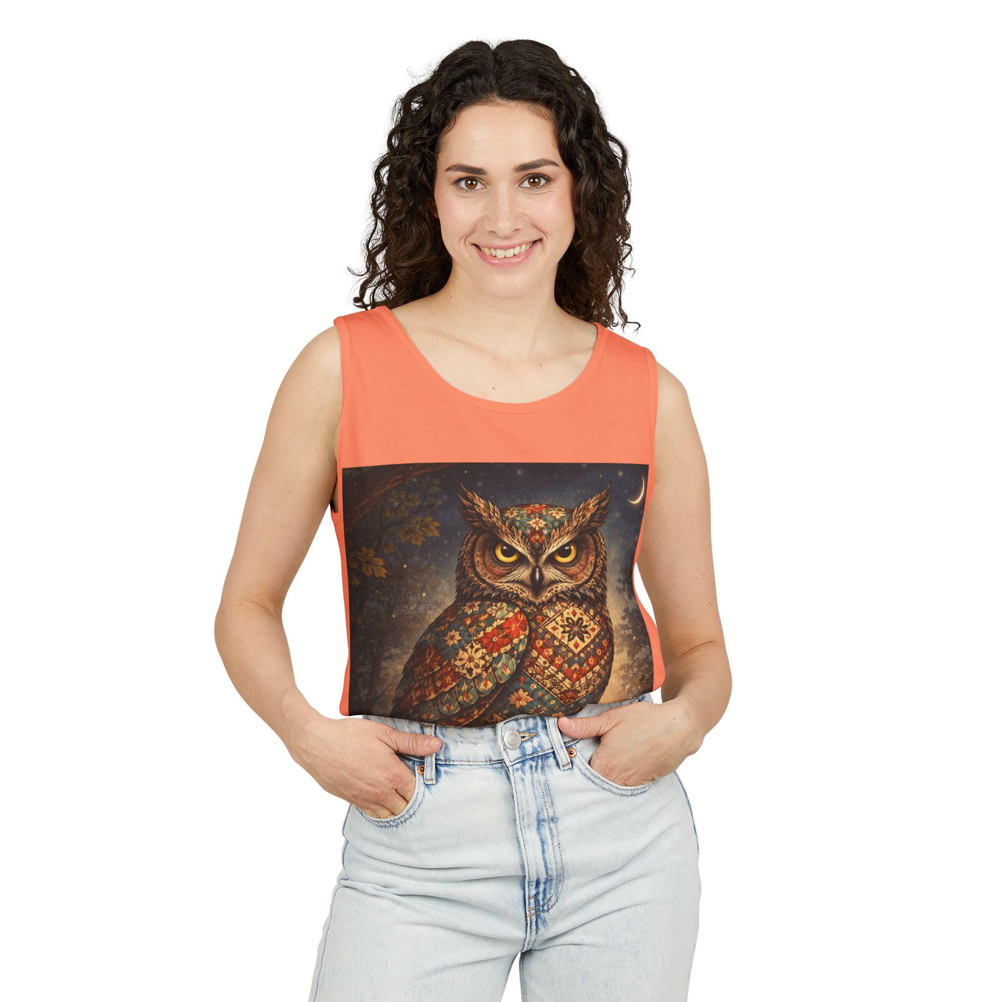 Vintage Mosaic Owl Tank Top | Boho Night Moon Illustration
