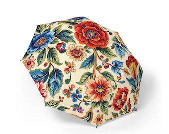 Vintage Floral Pattern Semi-Automatic Foldable Umbrella | Colorful Blooms Rain Umbrella
