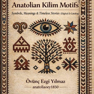 May include: A book cover titled "Secrets of Anatolian Kilim Motifs" with various traditional symbols. The cover features a beige background with a decorative border and the author's name, Övünç Ezgi Yılmaz.