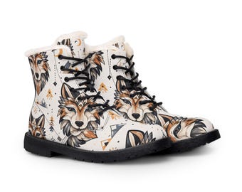 Tribal Fox Pattern Boots | Fur Lined Leather Lace-Up Boots