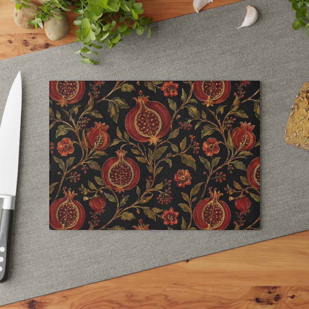 Vintage Pomegranate Pattern Glass Cutting Board | Botanical Fruit ...