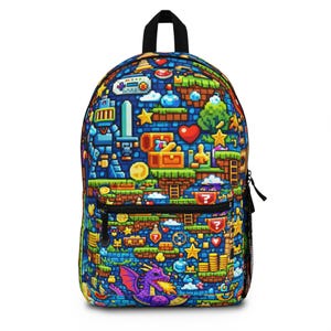 May include: A blue backpack featuring a vibrant pixel art video game design. The pattern includes a purple dragon, treasure chests, stars, and question marks. It has a black zip and a black carry handle.