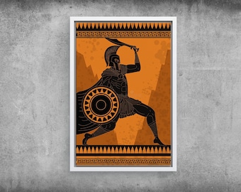 Ancient Greek Warrior Canvas | Spartan Wall Art, Mythology Decor, Classical Battle Scene
