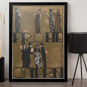 Può includere: Stampa artistica vintage incorniciata con figure in abiti formali, che tengono oggetti, e la parola "FROHE OSTERN". L'opera d'arte ha una combinazione di colori oro e nero, con una cornice nera.