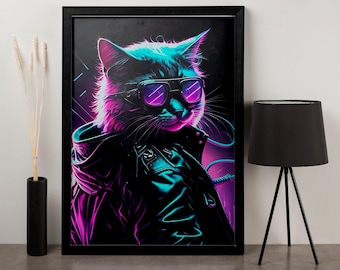 Cyberpunk Neon Cat Canvas - Futuristic Vaporwave Wall Art