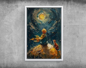 The Little Prince Inspired Abstract Canvas Wall Art - Colorful Starry Night Painting, Modern Home Decor