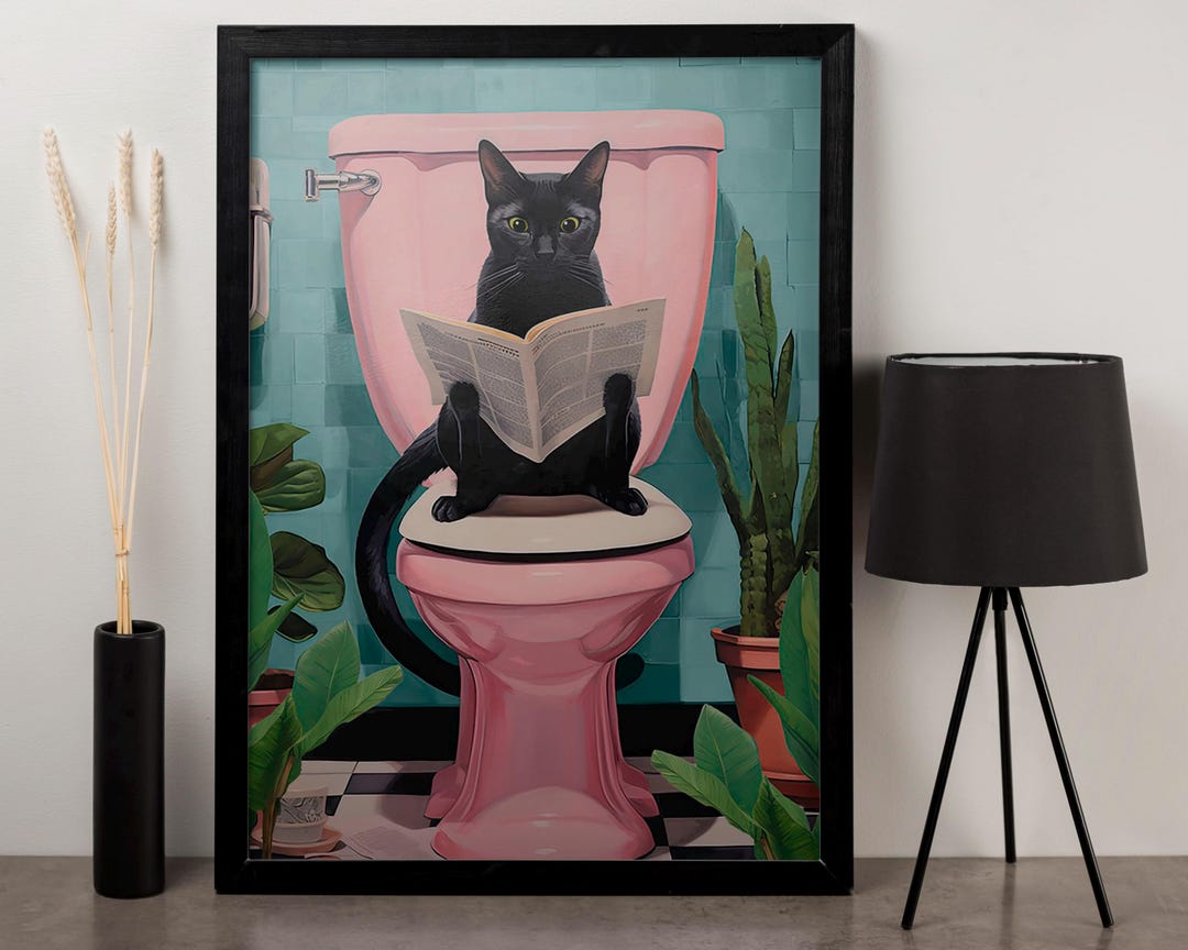 Funny Black Cat Bathroom Print – Reading Newspaper on Toilet - Etsy