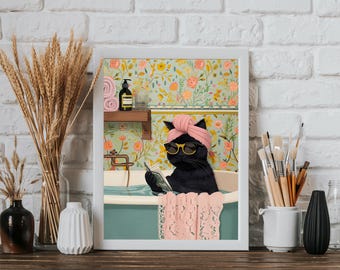 Funny Black Cat Art Print: Whimsical Bathroom Decor