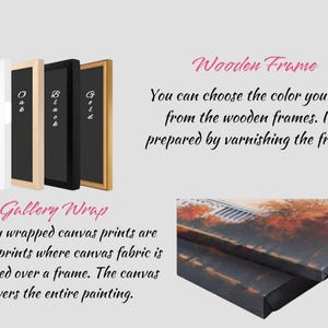 Pu&ograve; includere: Immagine che mostra cornici in legno nei colori noce, bianco, rovere, nero e oro. Il testo descrive le cornici in legno e le stampe su tela, evidenziando la verniciatura e la tensione della tela.