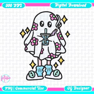 May include: A cartoon ghost illustration with a white body, pink and green floral accents, and a bubble tea drink. The ghost is wearing blue socks and shoes with skull designs. The image has a pink and blue border with text that reads "300 DPI" and "Digital Download".