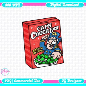 May include: A red cereal box with the words "CAPN COUCH LOCK" and a cartoon captain saluting. The captain is wearing a blue uniform and holding a bowl of green herbs. Text on the box reads "PASS IT TO ME CAPN!"