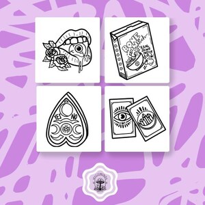 May include: A set of four black and white illustrations featuring a spooky eye, a cereal box with the text "Bone Witch Real Skull Inside", a Ouija board, and two tarot cards.