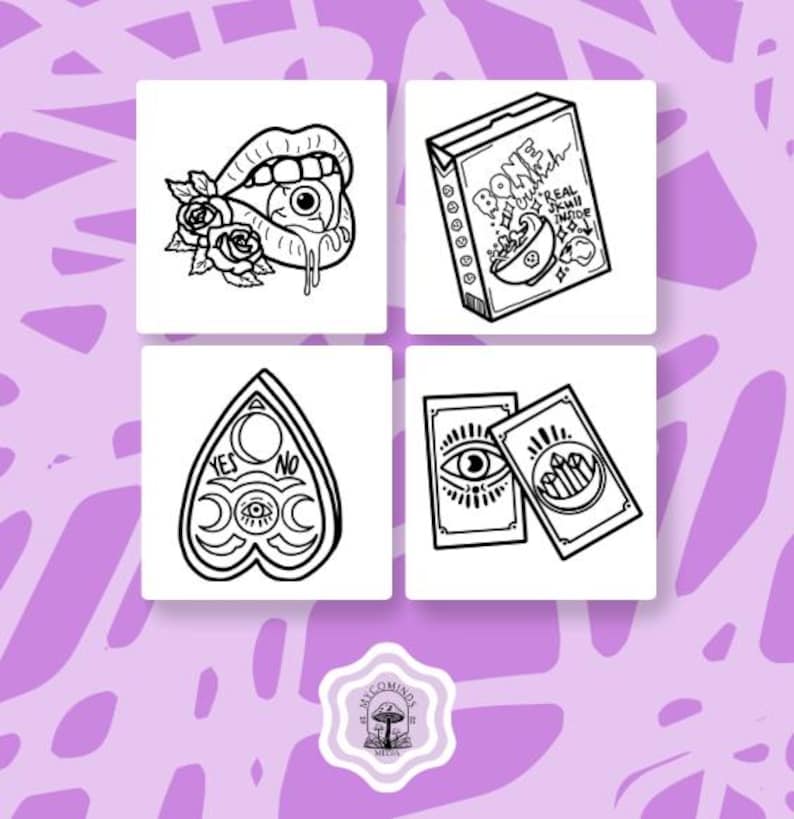 May include: A set of four black and white illustrations featuring a spooky eye, a cereal box with the text "Bone Witch Real Skull Inside", a Ouija board, and two tarot cards.