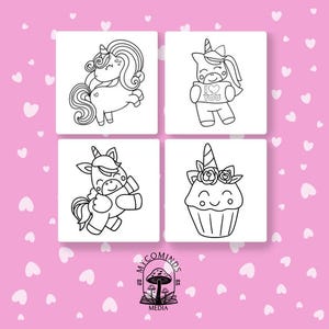 May include: Four black and white coloring pages featuring unicorn illustrations. The first page shows a unicorn with a rainbow mane and tail. The second page shows a unicorn holding a sign that says "I love you". The third page shows a unicorn with wings. The fourth page shows a unicorn cupcake.