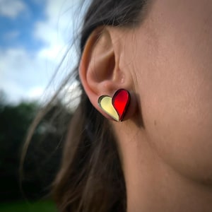 Heart shape earrings Acrylic mirror | Gold and Red |Mirror Plexi and plywood earrings, Lightweight, Minimalistic, Laser cut and Hand Made