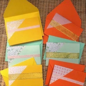 Pack of 6 Mini notecards with matching envelopes.  Various patterns and colours.  Thank you notes, miss you notes, money envelopes.  Unique